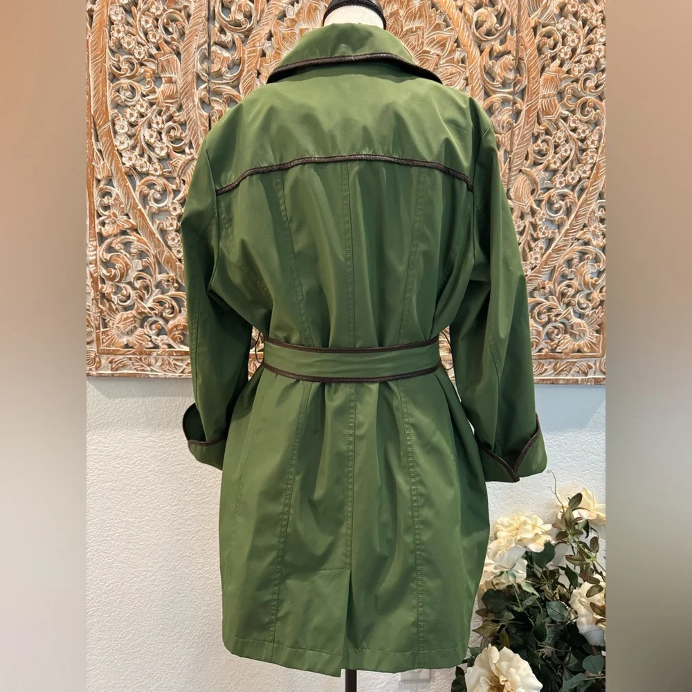 Dennis by Dennis Basso Green & Brown Belted Water Resistant Trench Coat- size L